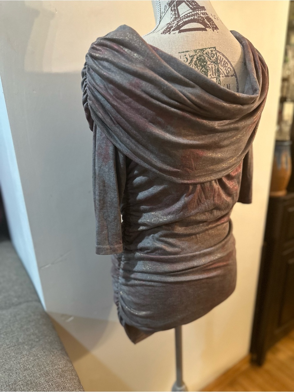 Draped Off-Shoulder Ruched Top in Heathered Taupe